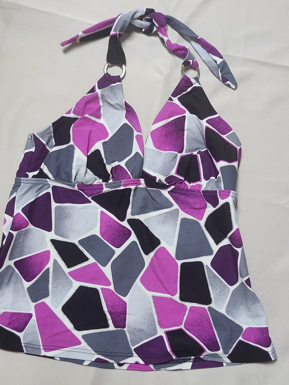 Geometric Halter Tankini Top in Purple & Gray